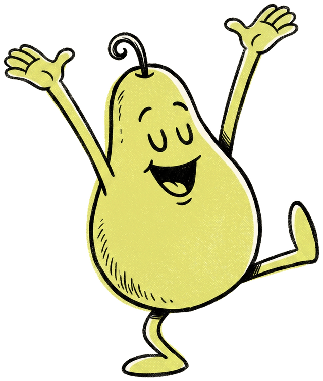 A pear character celebrating with both arms in the air.