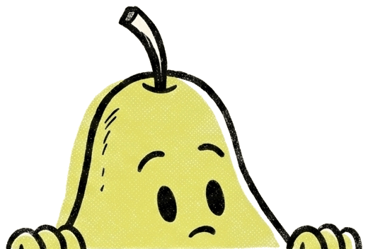 A pear character peeking over the top edge of the chart below it.