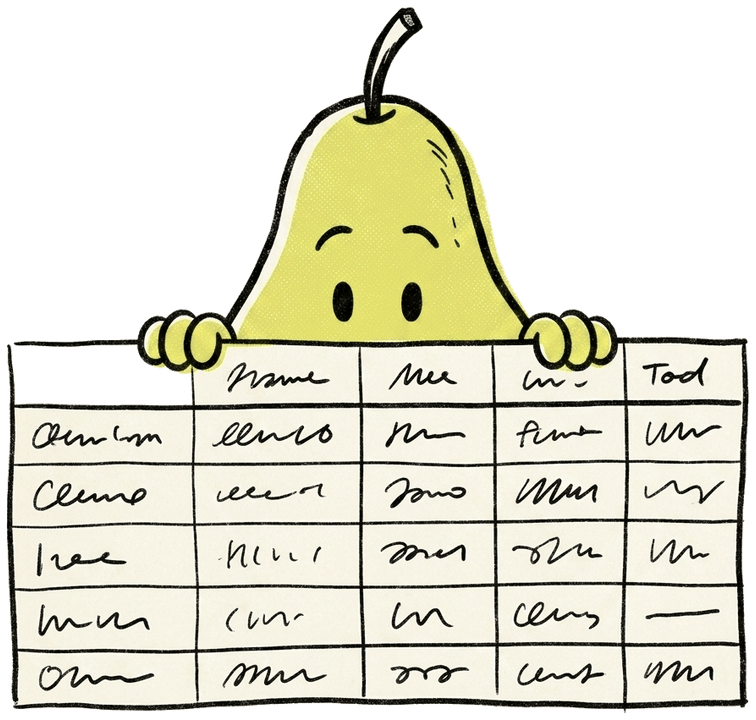 A pear character peeking over the top edge of a data table.