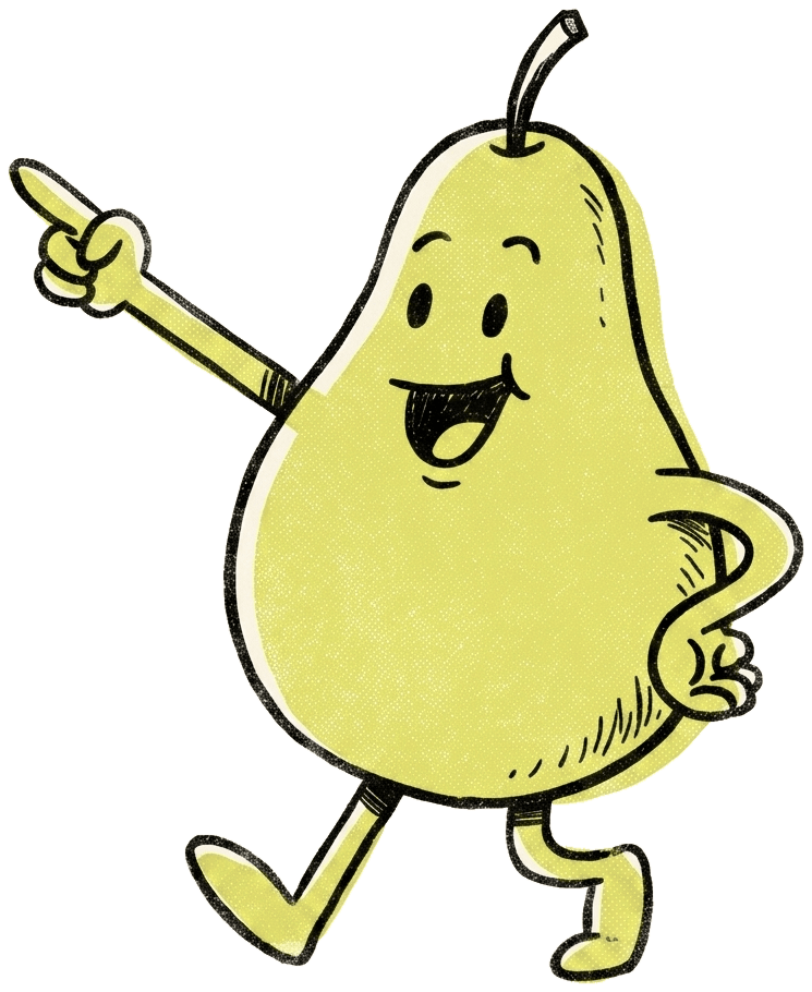 A pear character striding along and pointing off to one side.