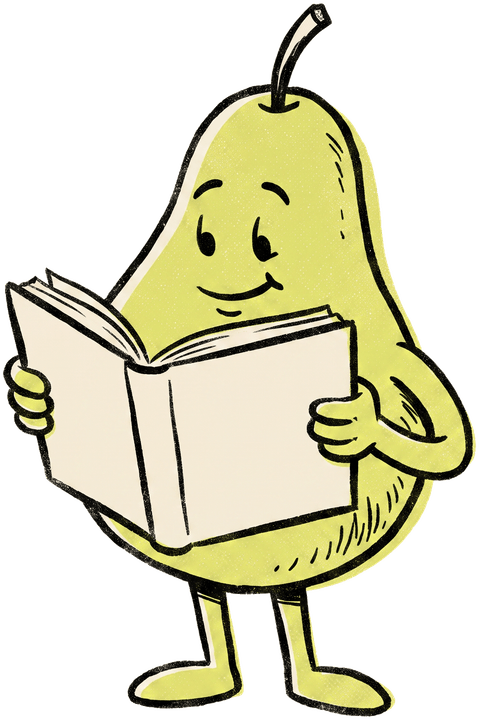 A pear character reading an open book.