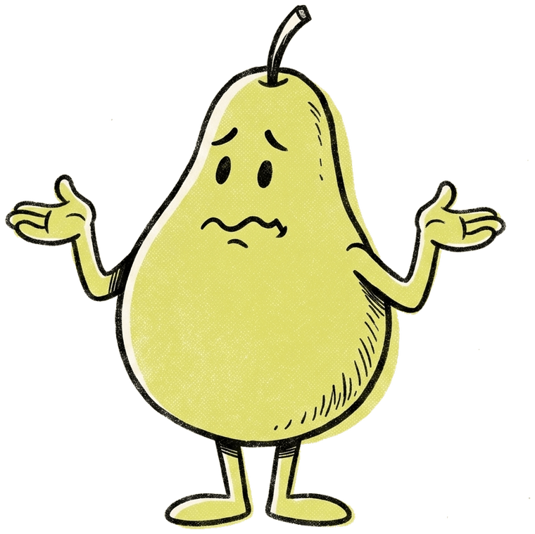 A pear character shrugging, palms turned up.